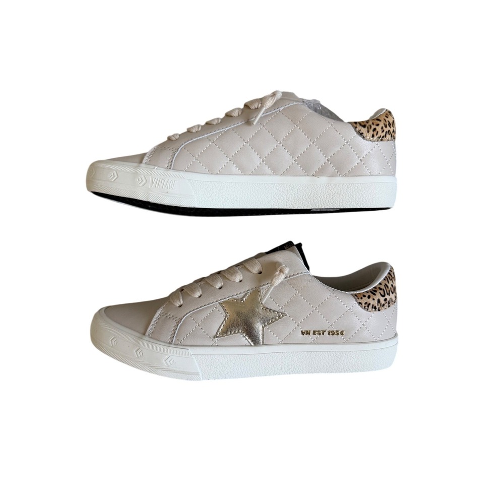 Vintage Havana Womens Quilted Star Sneakers Cream Gold Leopard Print Size 7 NEW